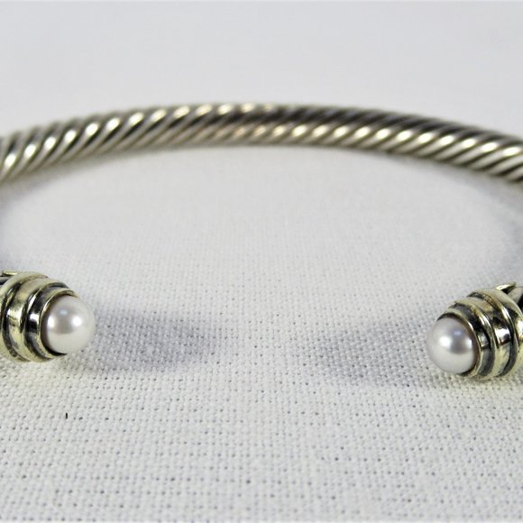 David Yurman 925/14K Cable & Pearl Bracelet Bangle - Picture 4 of 6